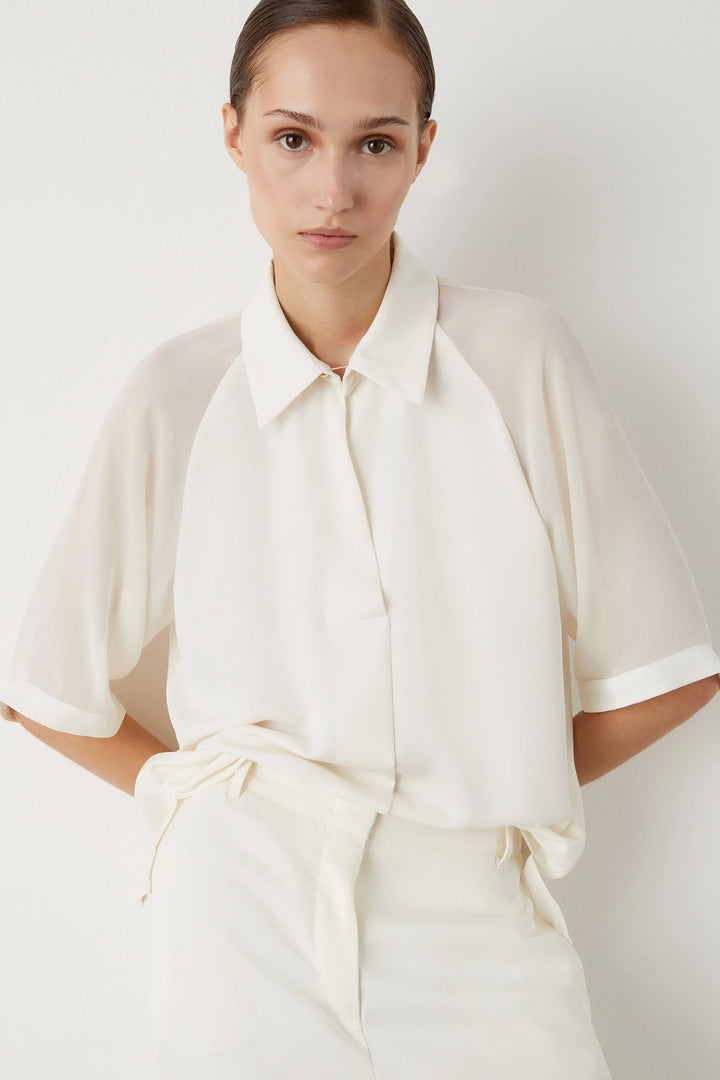 Marella Cerbero 2413111053200 Art.365 Wool White Cream Satin Blouse - Olivia Grace Fashion