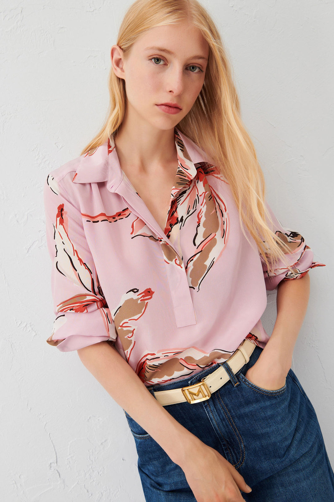 Marella Domez 2413111131200 Pink Palms Print Silk Shirt - Olivia Grace Fashion