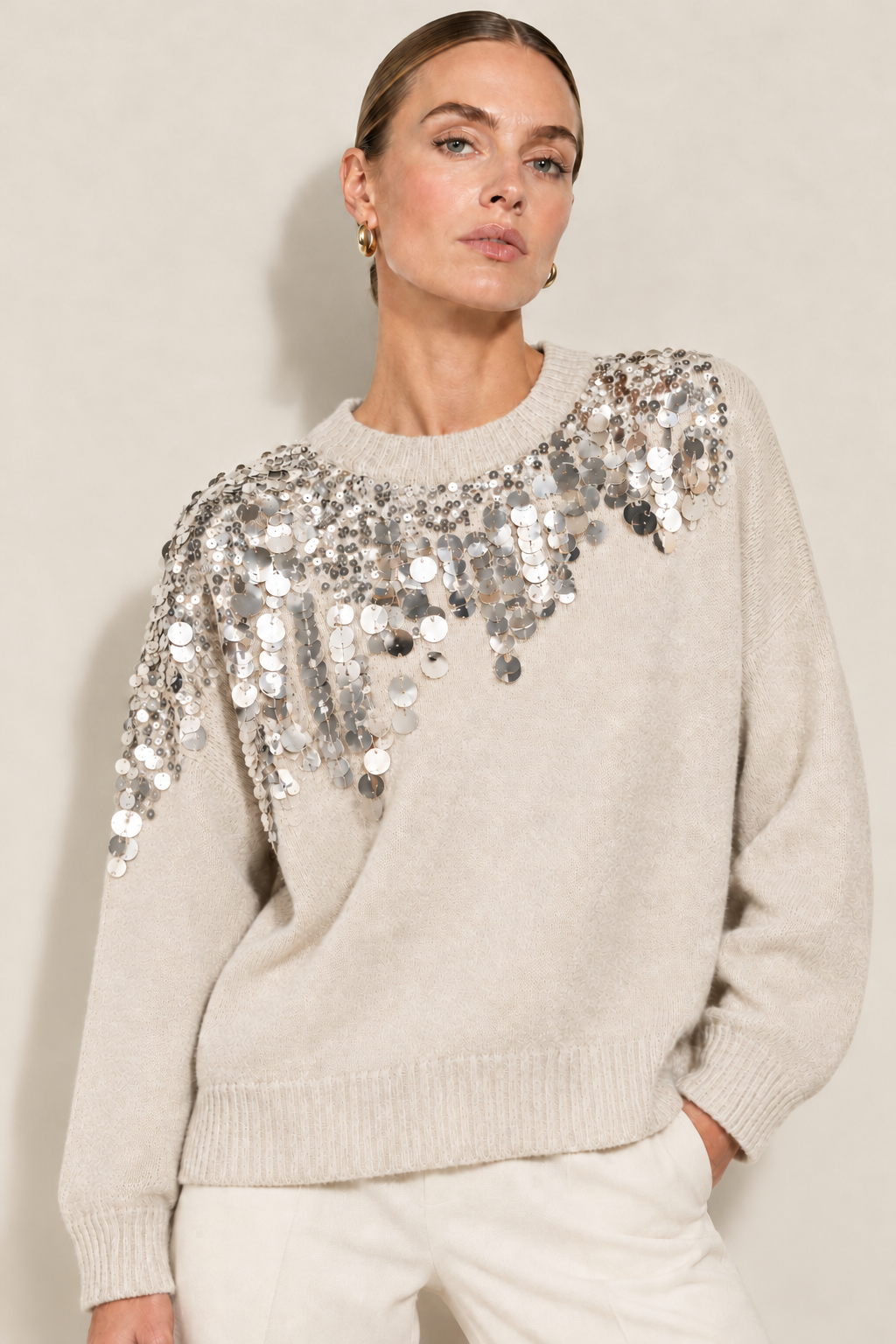 Marella MLLCALCIO Turtledove Beige Pure Carded Wool Yarn Jumper, front view