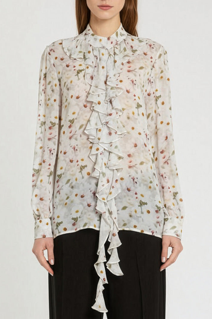 Marella MLLCANAPA White Print Ruffle Front Shirt 2613111151200