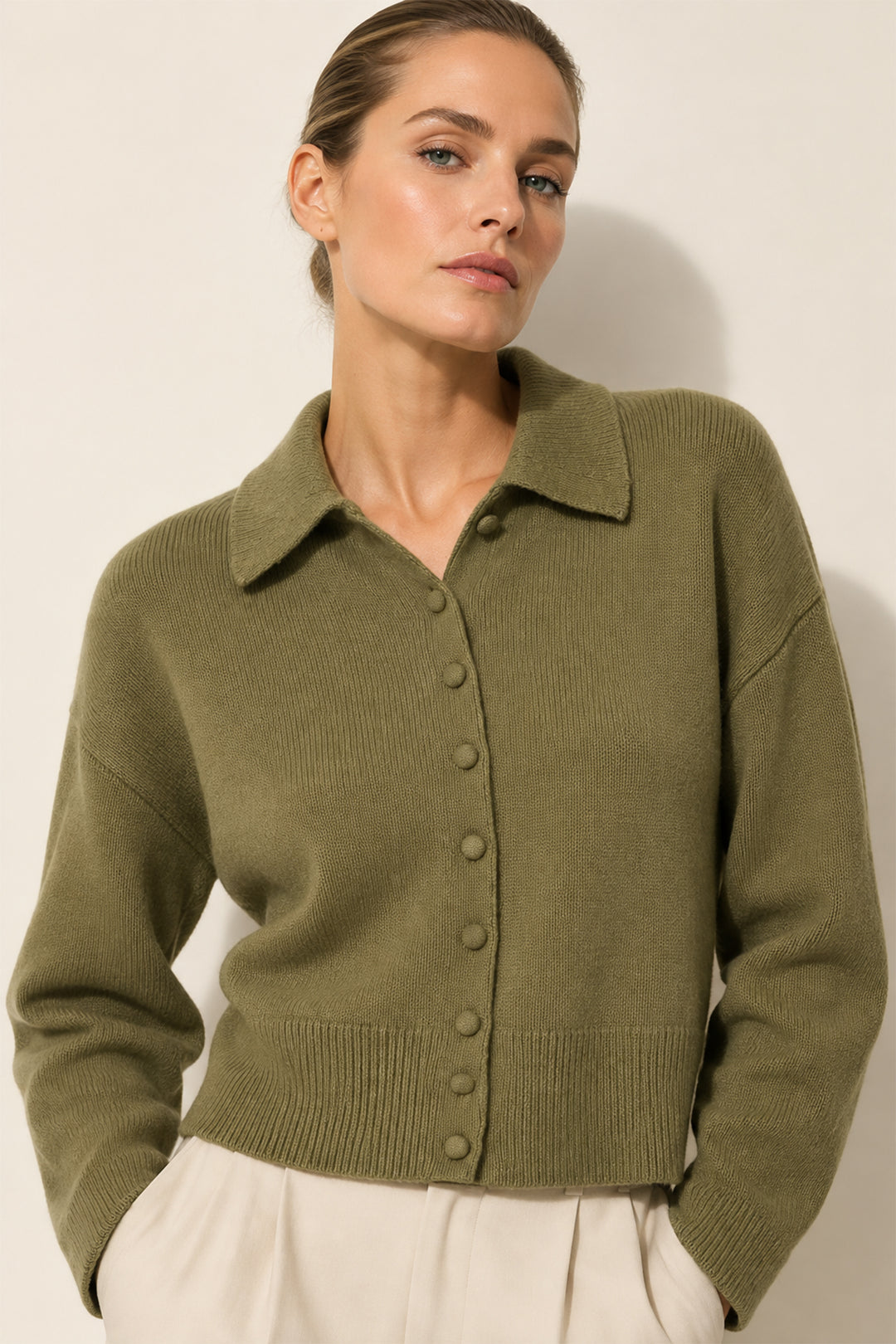 Marella MLLLESENA Oil Green Pure Carded Wool Yarn Cardigan, front view