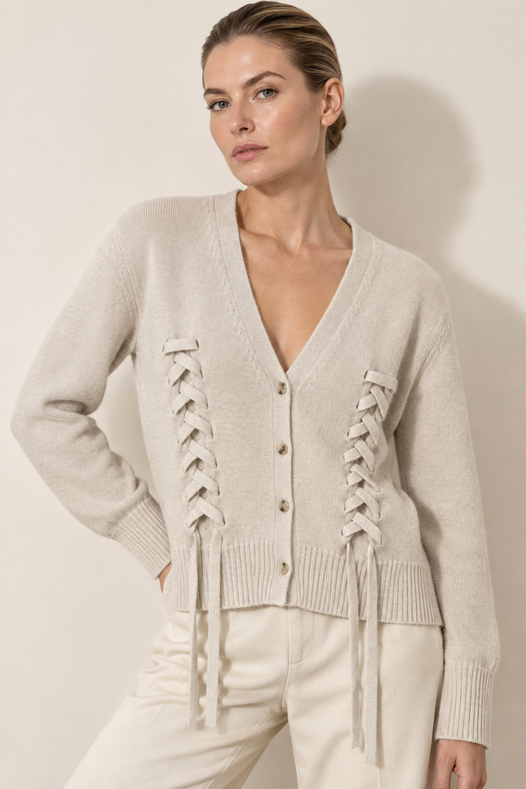 Marella MLLVICINI Turtledove Beige Pure Carded Wool Yarn Cardigan, front view
