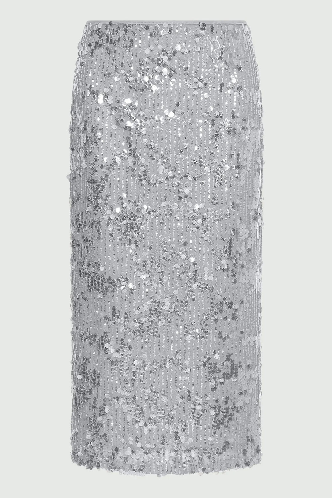 Silver sequin pencil skirt on a light gray background