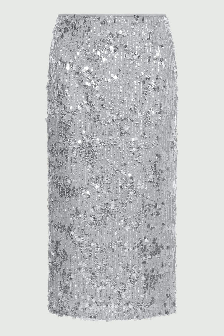 Silver sequin pencil skirt on a light gray background