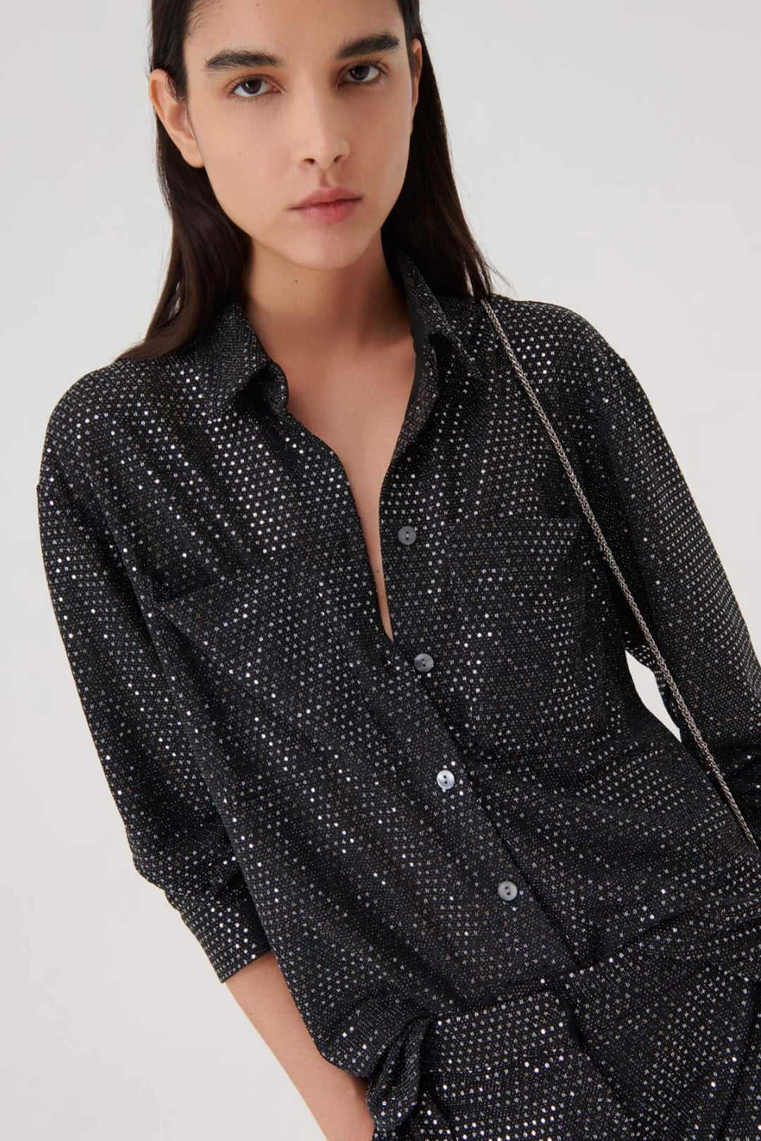 Marella Regal1 2339560237200 Black Metallic Sequin Shirt - Olivia Grace Fashion