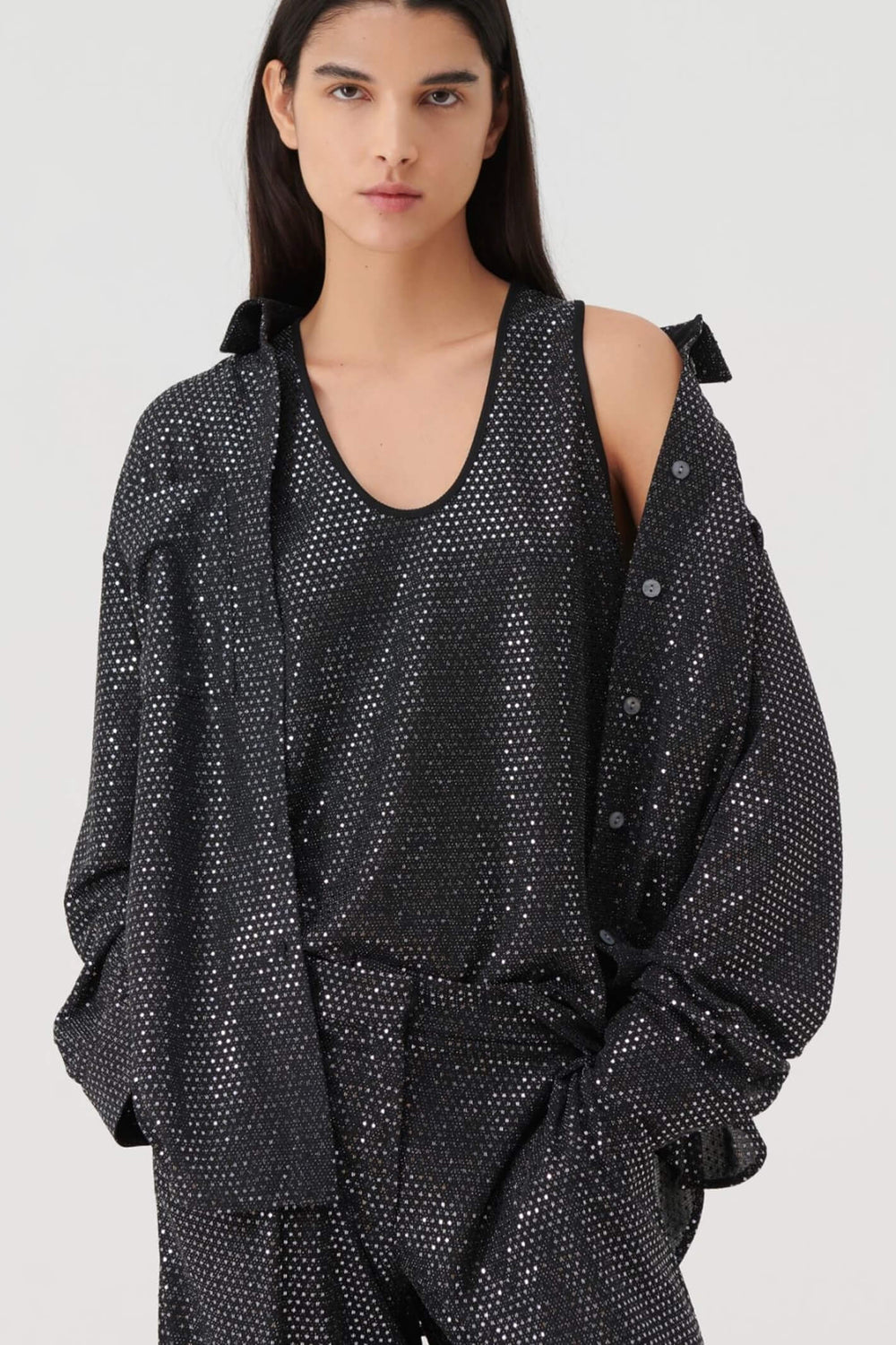 Marella Regal1 2339560237200 Black Metallic Sequin Shirt - Olivia Grace Fashion