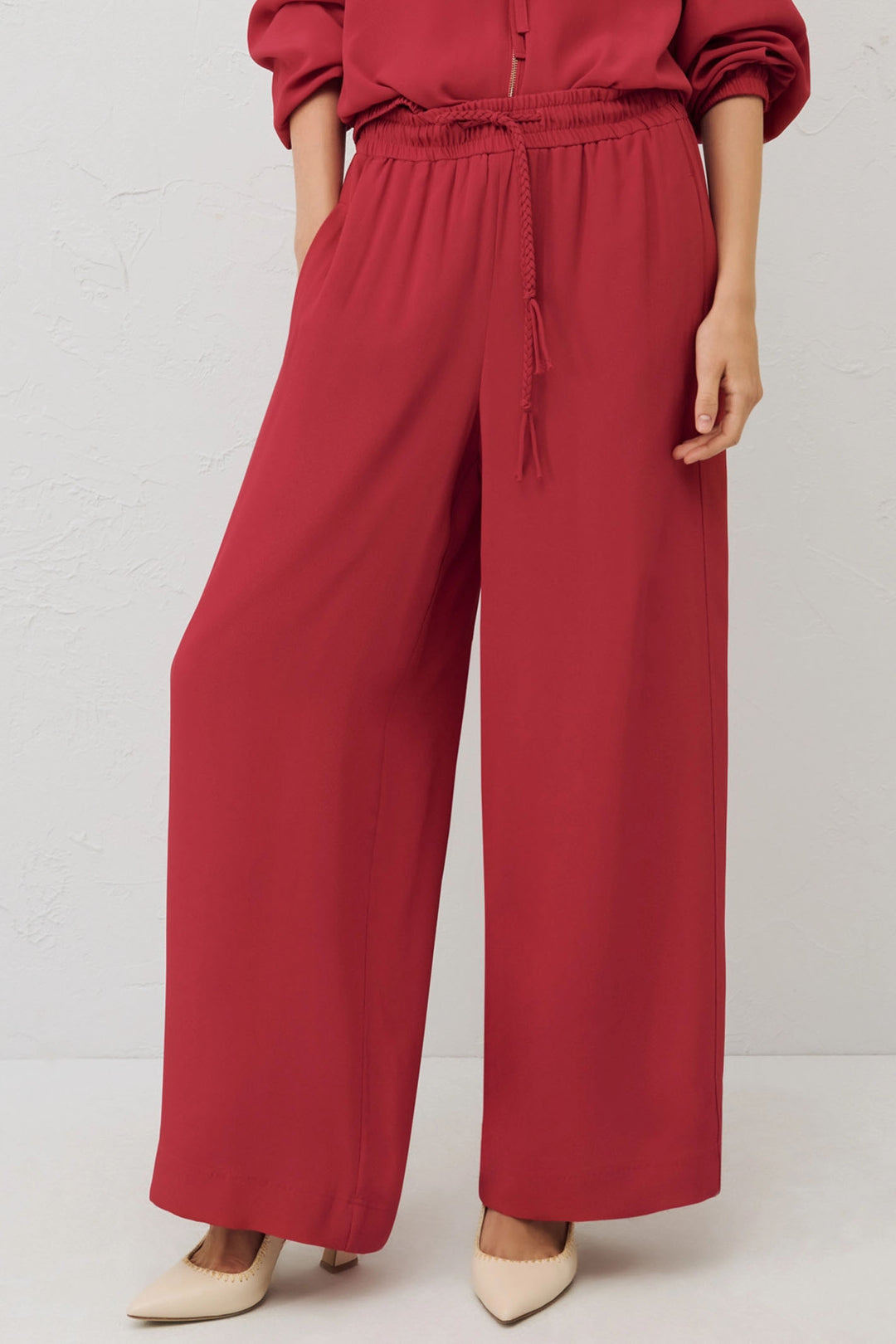 Marella Ribelle 2413131134200 Ruby Red Wide Leg Silk Mix Trousers - Olivia Grace Fashion