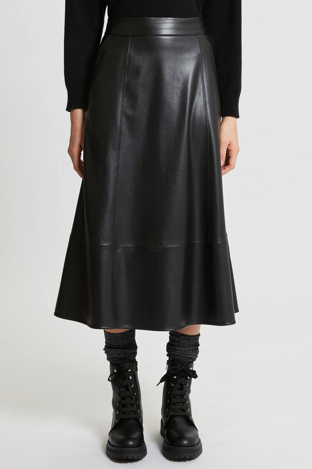 Marella Schizzo 2337760239200 Black Faux Leather Midi Skirt - Olivia Grace Fashion