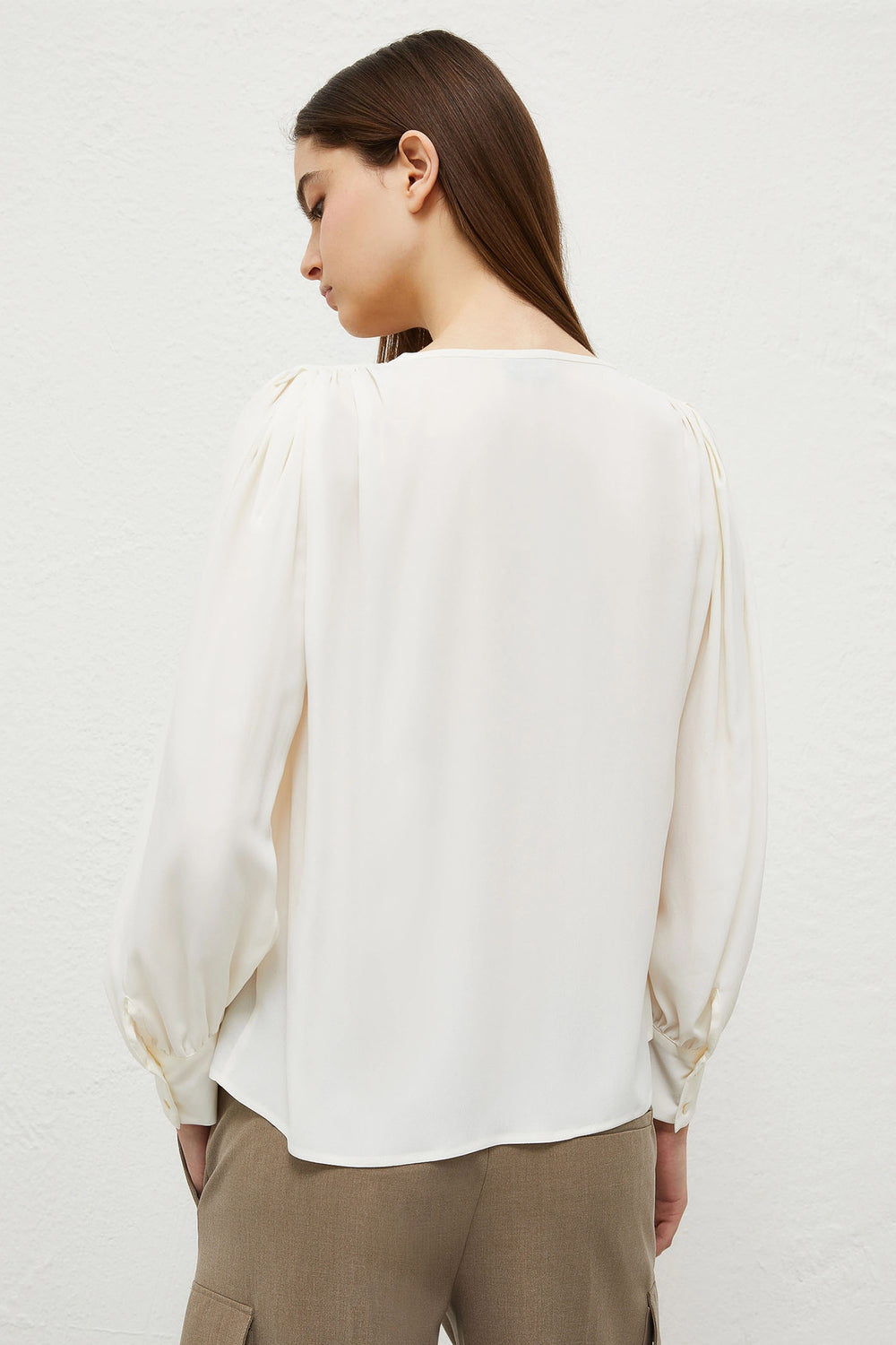 Marella Scovo 2413111112200 Cream Split Neck Silk Mix Long Sleeve Top - Olivia Grace Fashion