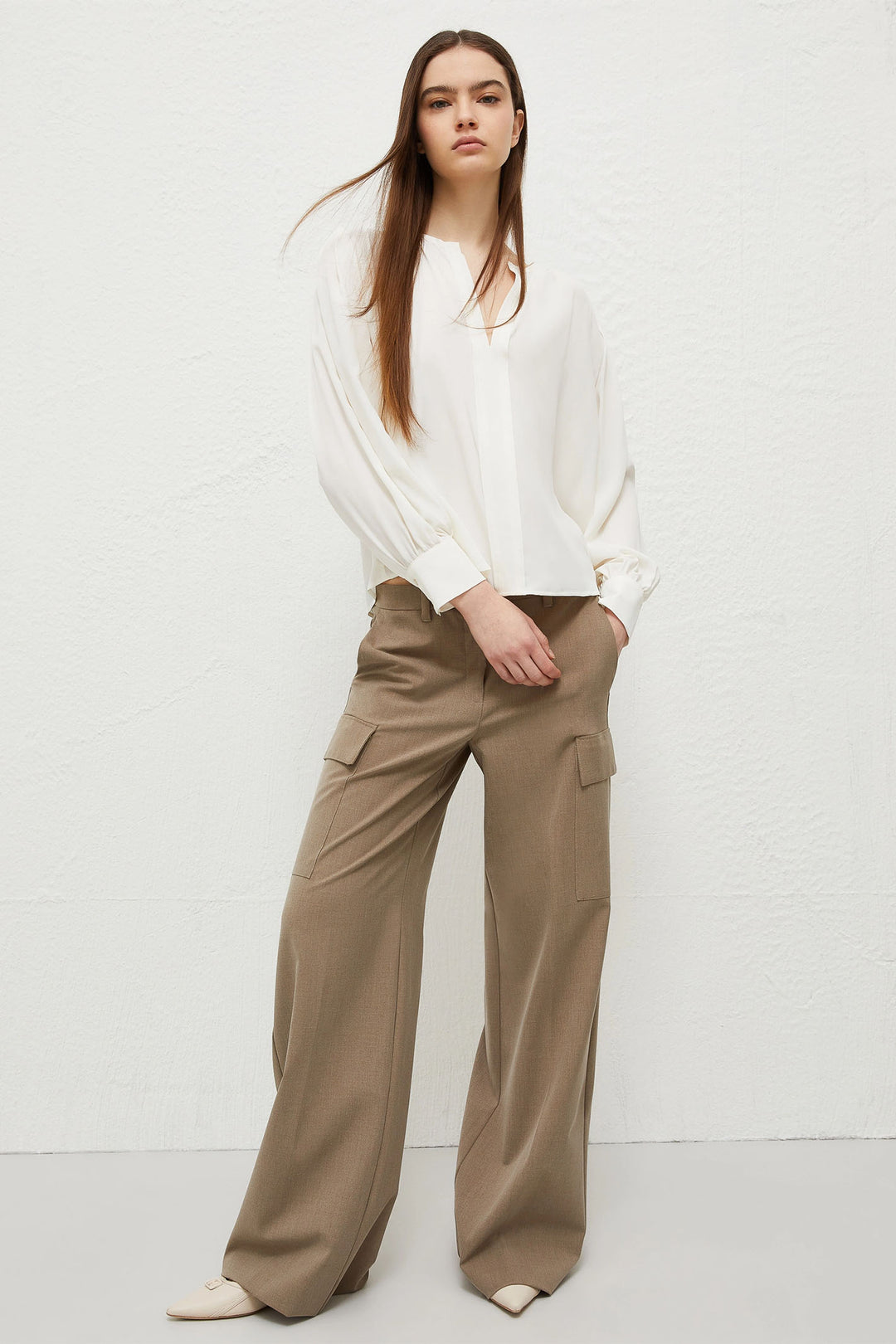 Marella Scovo 2413111112200 Cream Split Neck Silk Mix Long Sleeve Top - Olivia Grace Fashion