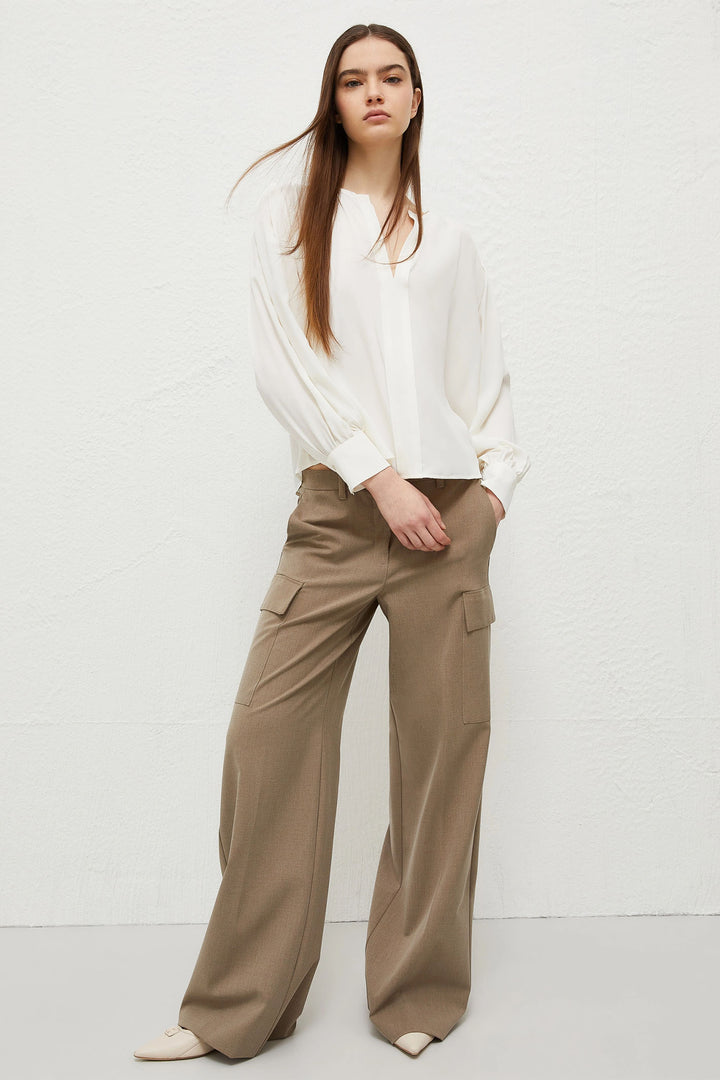 Marella Scovo 2413111112200 Cream Split Neck Silk Mix Long Sleeve Top - Olivia Grace Fashion