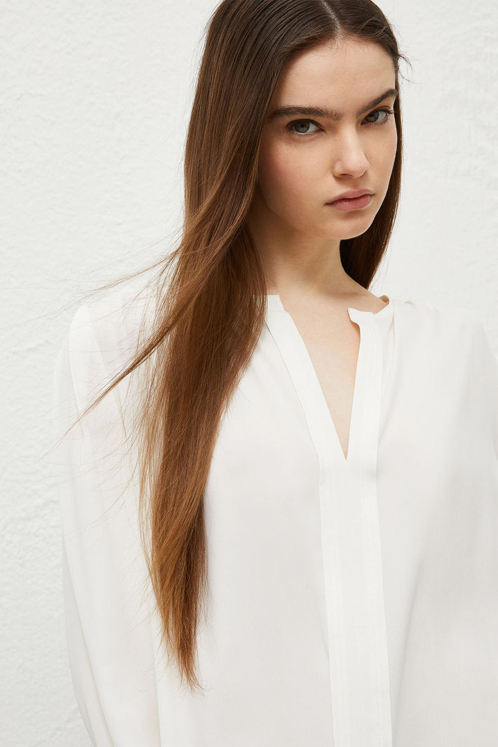Marella Scovo 2413111112200 Cream Split Neck Silk Mix Long Sleeve Top - Olivia Grace Fashion