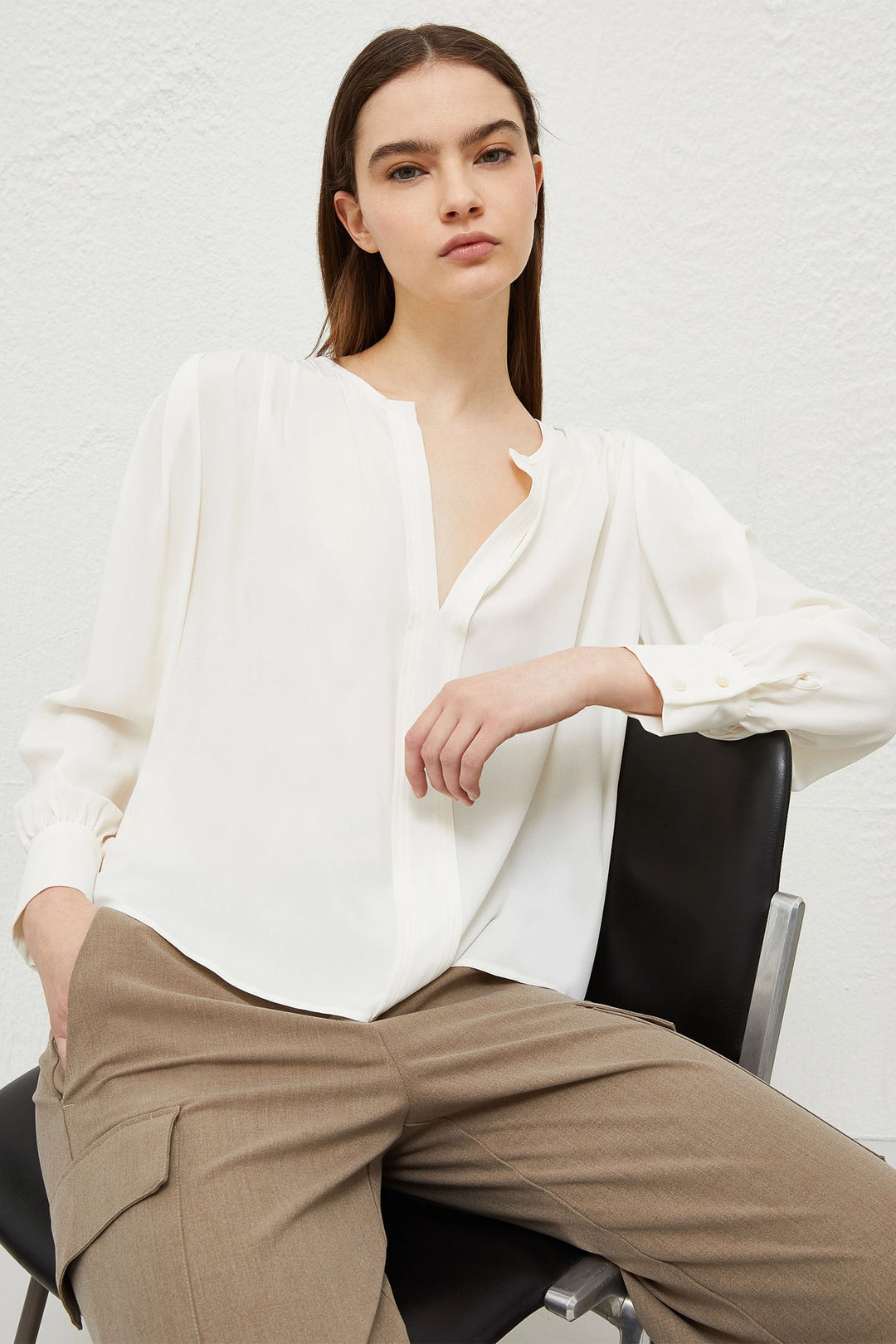 Marella Scovo 2413111112200 Cream Split Neck Silk Mix Long Sleeve Top - Olivia Grace Fashion