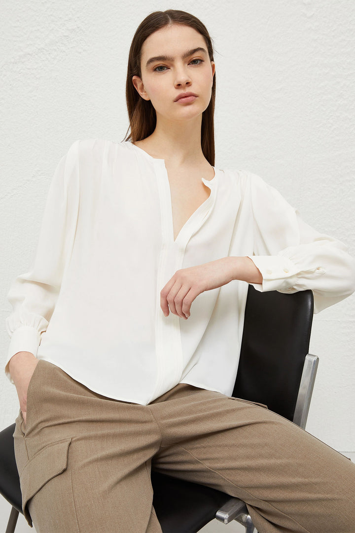 Marella Scovo 2413111112200 Cream Split Neck Silk Mix Long Sleeve Top - Olivia Grace Fashion