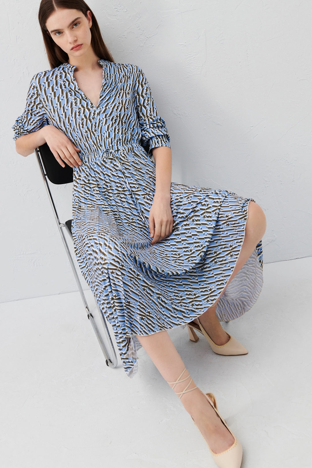 Marella Silvano 2413621074200 Light Blue Khaki Print Jersey Dress - Olivia Grace Fashion