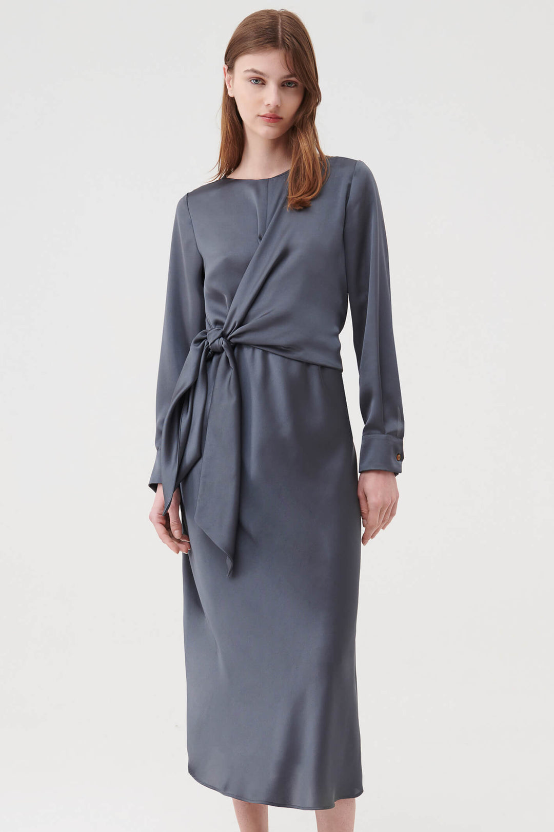 Marella Sion 2332260836200 Pewter Grey Satin Dress With Sleeves - Olivia Grace Fashion