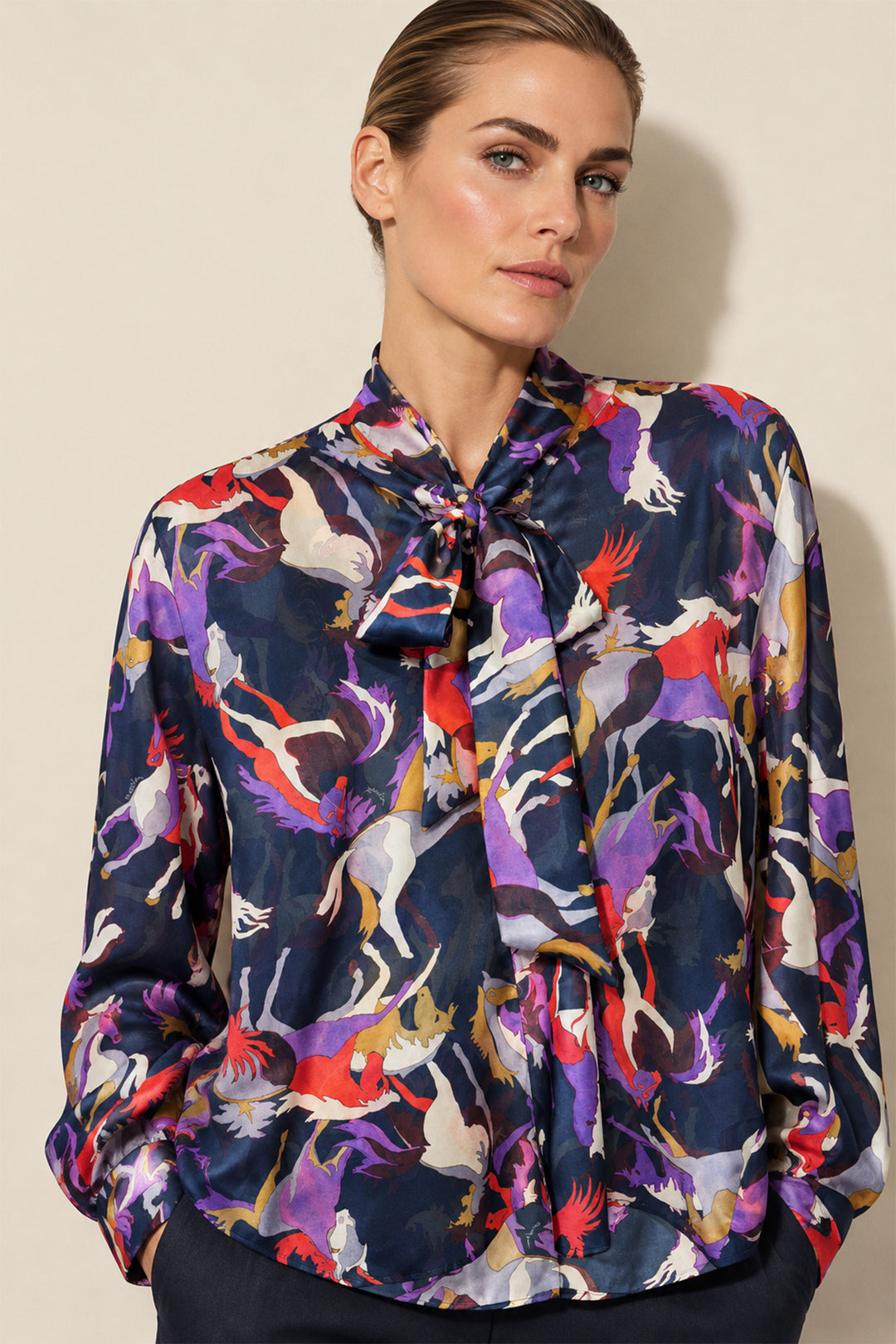 Marella Sport MLSNASTRO Navy Horses Printed Silk Habotai Shirt, front view