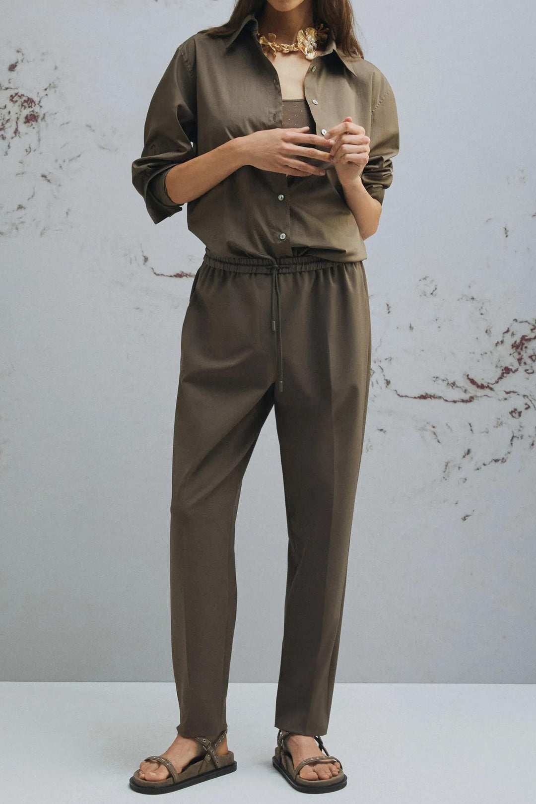 Marella Teso Brown Drawstring Waist Trousers 2613131075200