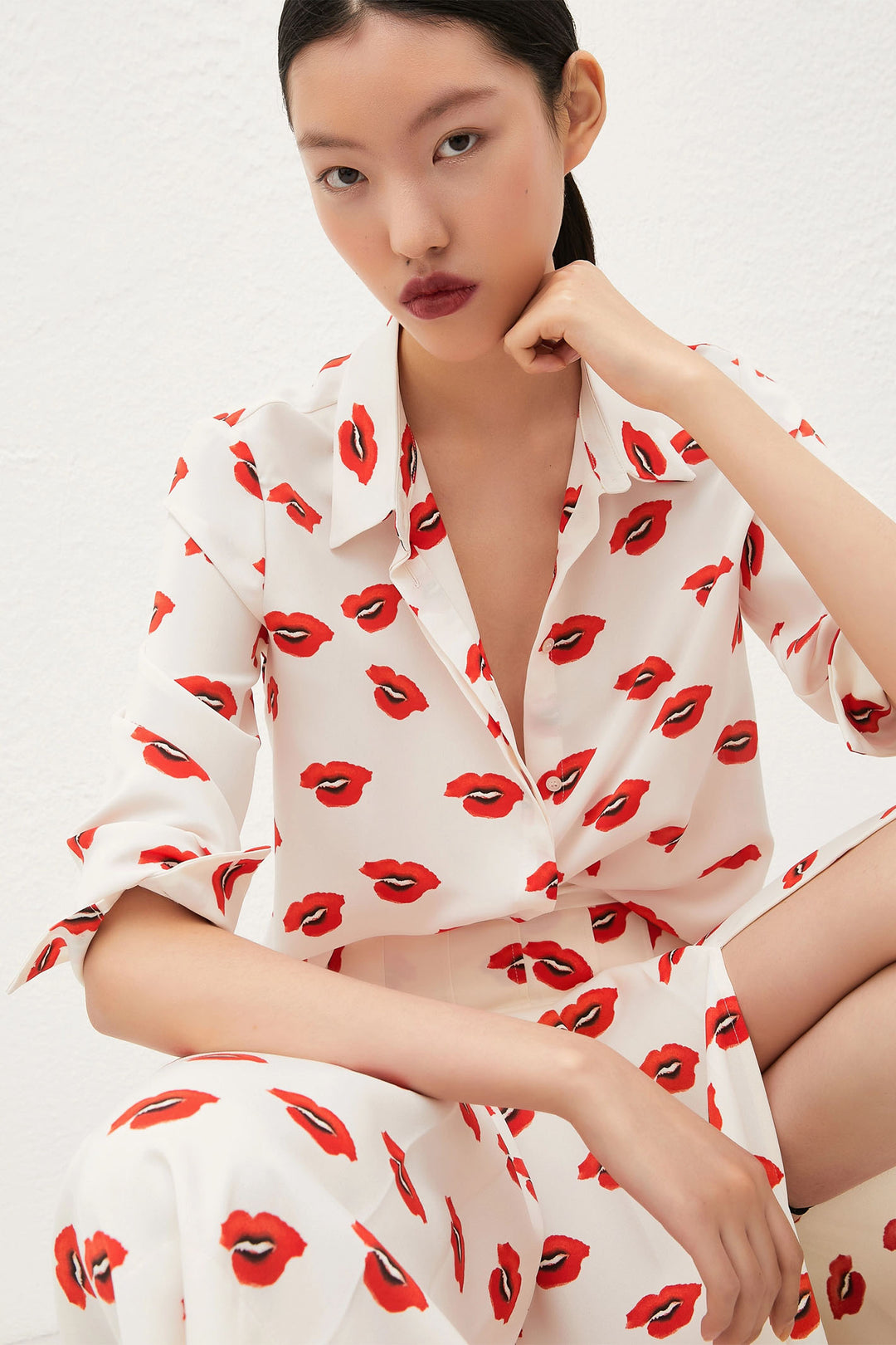 Marella Yeah White Mouths Print Shirt 2423116063200 - Olivia Grace Fashion