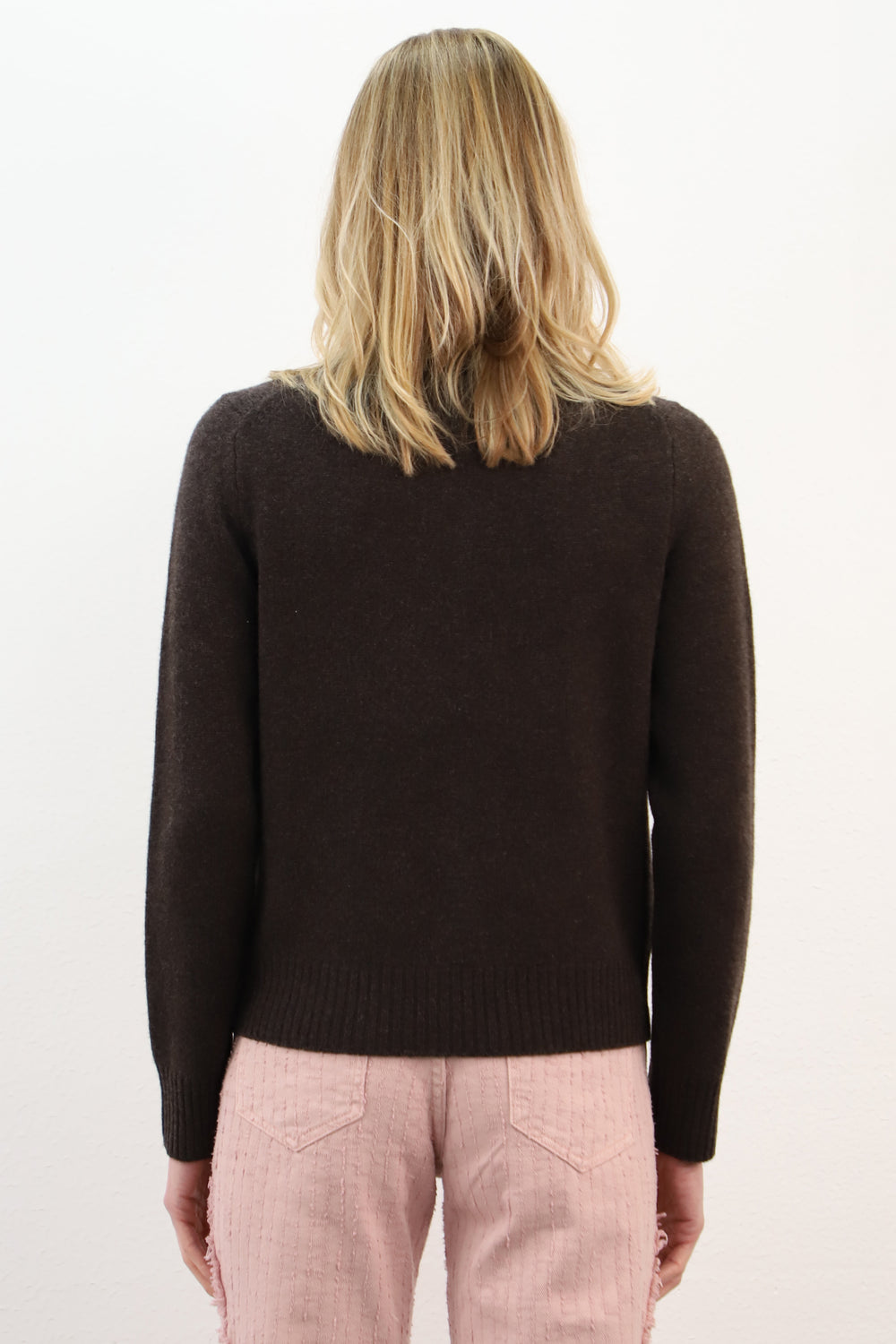 Maud & Sacha café brown cardigan, back view showing the ribbed hem and cuffs, at Olivia Grace Fashion