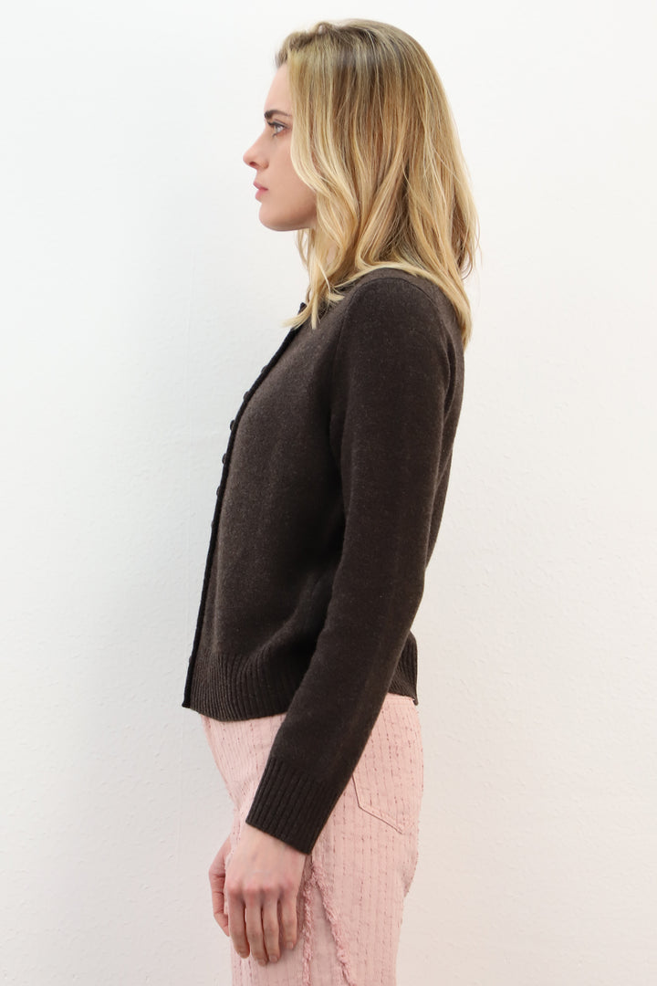 Maud &amp; Sacha café brown cardigan, side view showing the covered button placket, at Olivia Grace Fashion