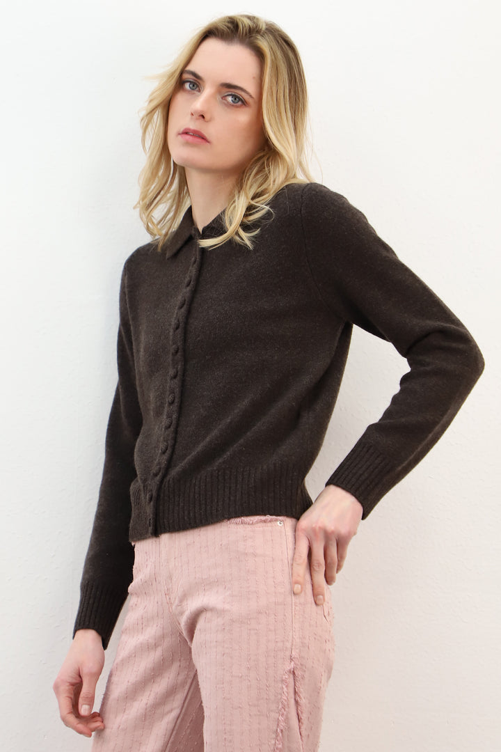 Maud &amp; Sacha café brown collared buttoned cardigan, front view, at Olivia Grace Fashion