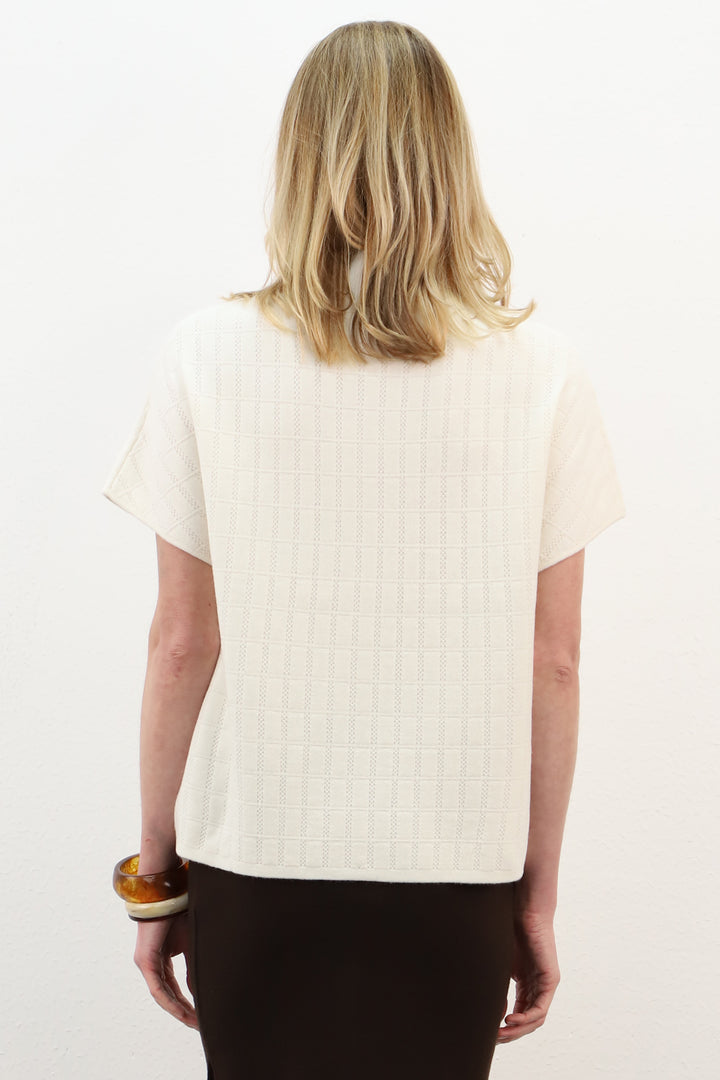 Maud &amp; Sacha snowflake white knitted top, back view showing the pointelle check pattern, at Olivia Grace Fashion