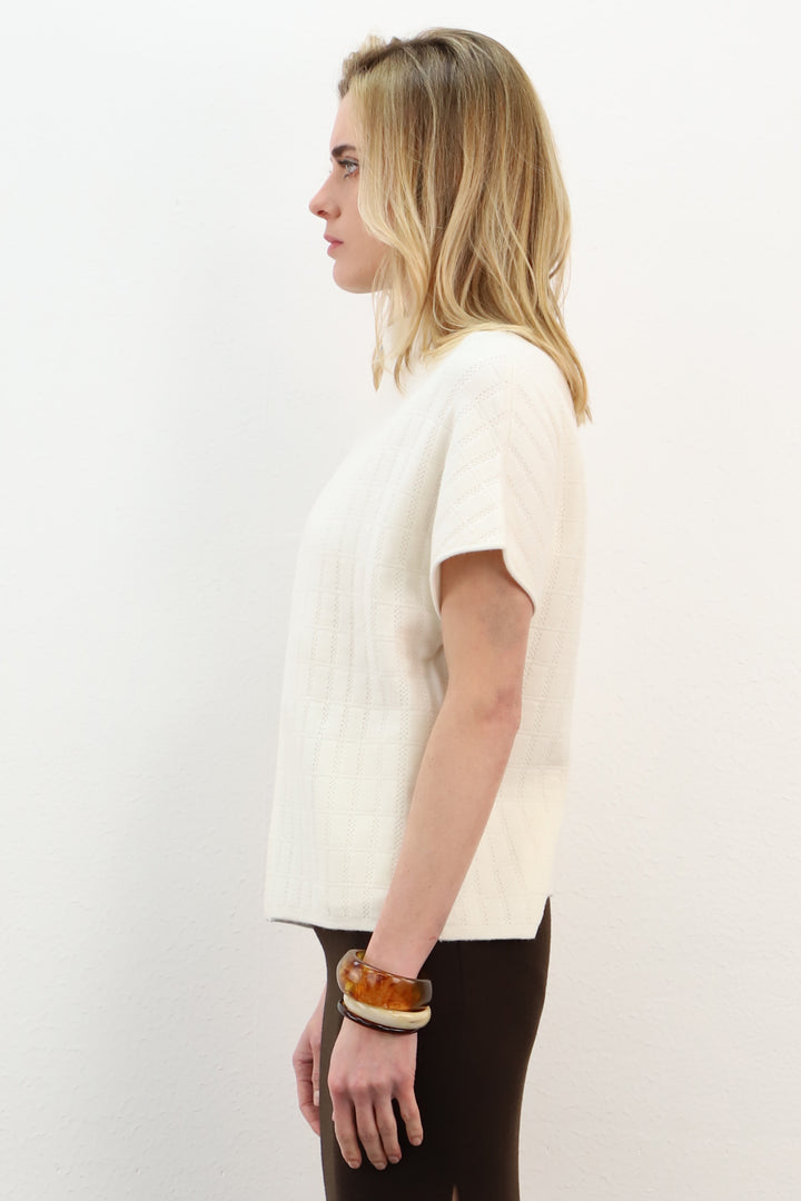 Maud &amp; Sacha snowflake white knitted top, side view showing the boxy shape and cap sleeve, at Olivia Grace Fashion