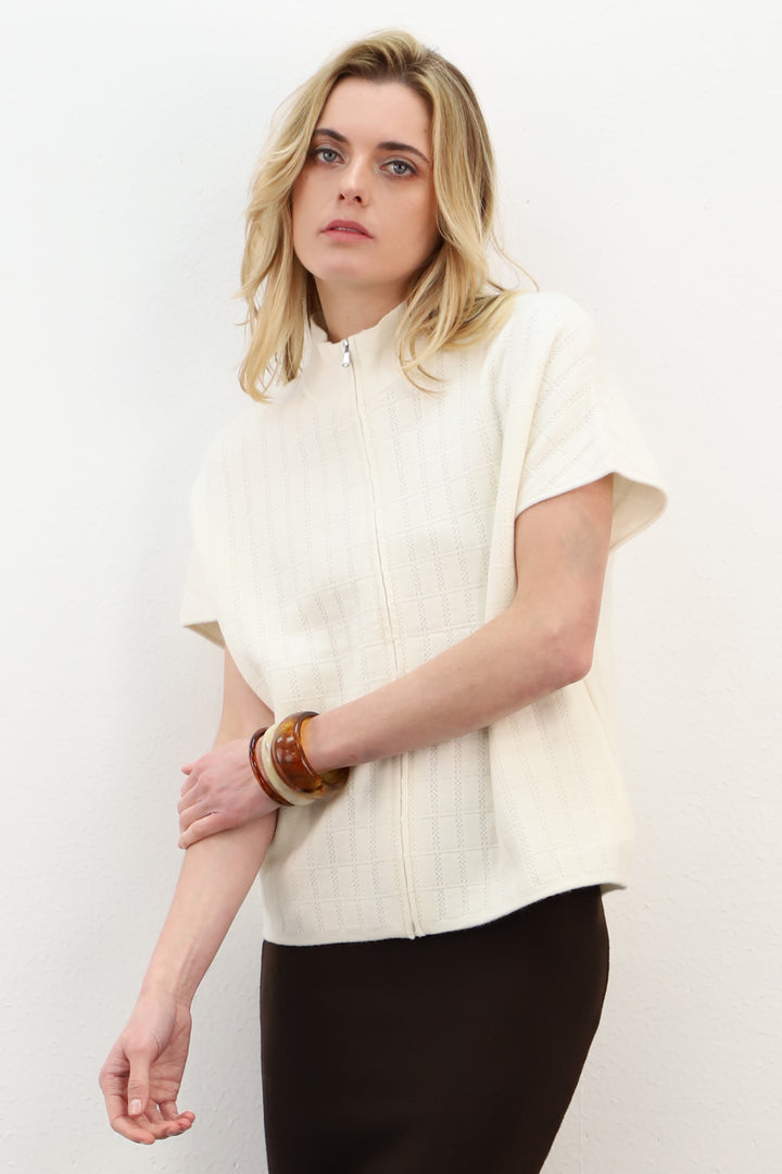 Maud &amp; Sacha snowflake white pointelle check short sleeve zip-neck knitted top, front view, at Olivia Grace Fashion