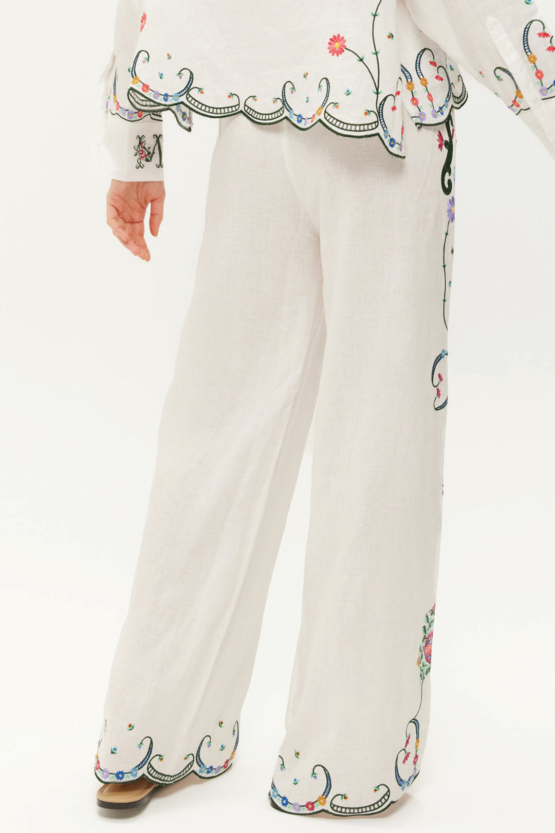 Me369 Alex White Embroidered Linen Kisses Trousers