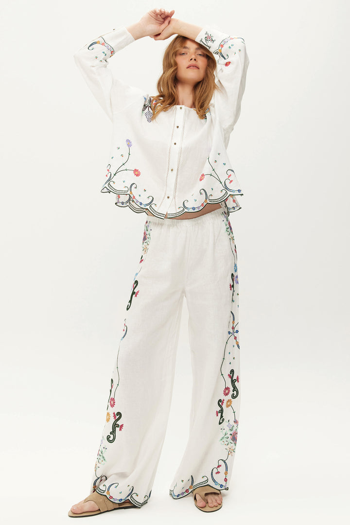 Me369 Alex White Embroidered Linen Kisses Trousers