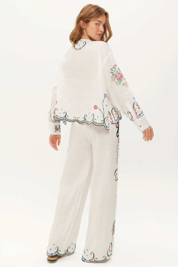 Me369 Alex White Embroidered Linen Kisses Trousers