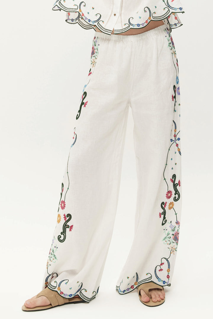 Me369 Alex White Embroidered Linen Kisses Trousers