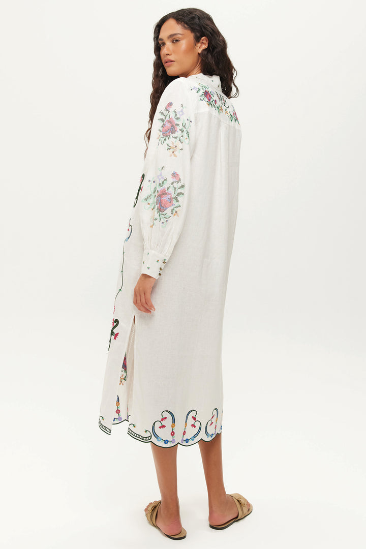 Me369 Daisey White Embroidered Linen Kisses Shirt Dress