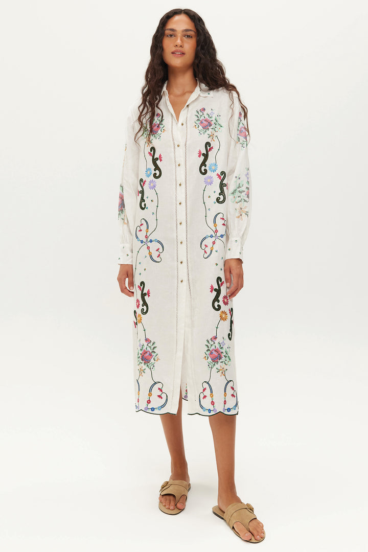 Me369 Daisey White Embroidered Linen Kisses Shirt Dress