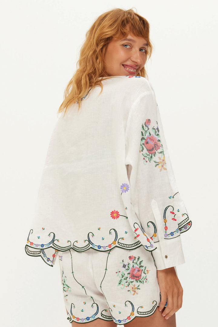 Me369 Helena White Embroidered Linen Kisses Blouse