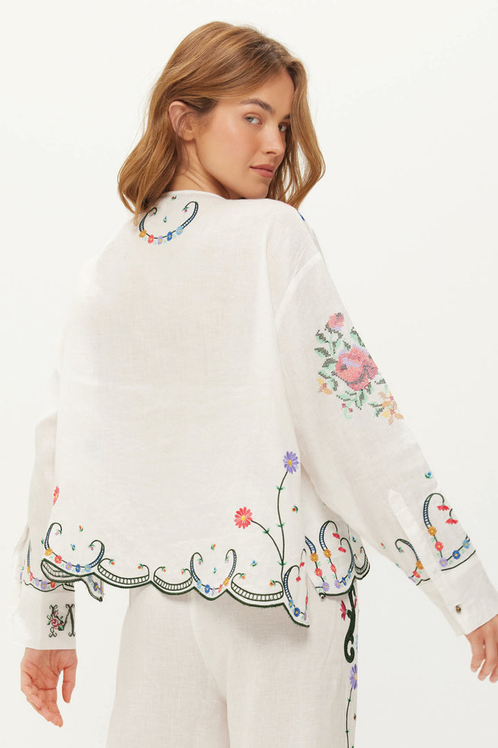 Me369 Helena White Embroidered Linen Kisses Blouse