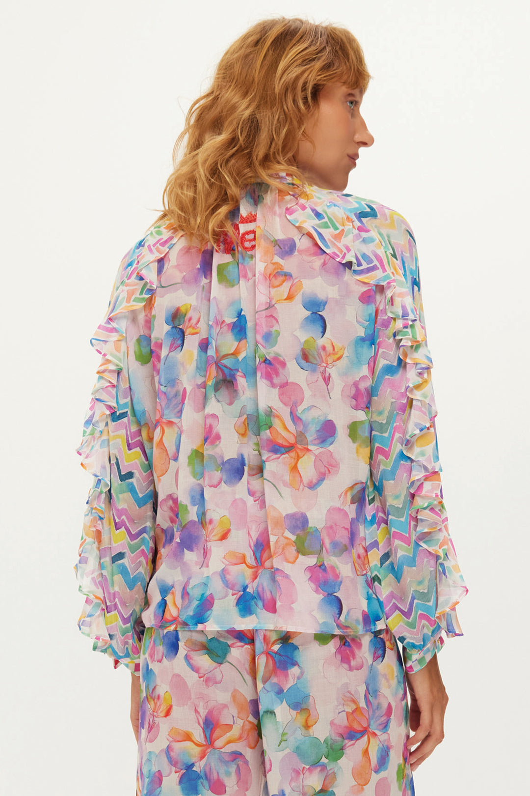 Me369 Holly Fairy Dust Print Tie Neck Ruffle Blouse