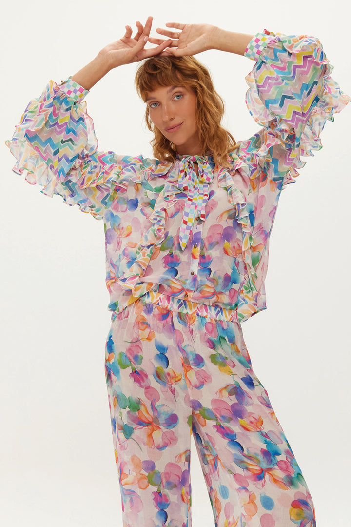 Me369 Holly Fairy Dust Print Tie Neck Ruffle Blouse