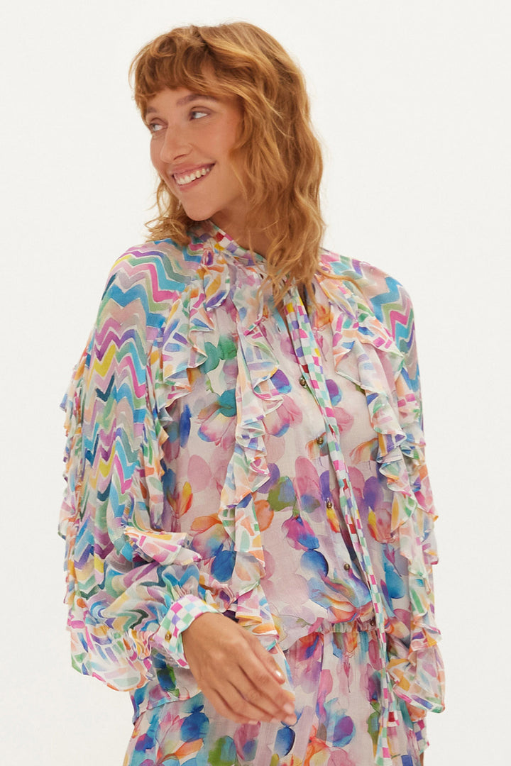 Me369 Holly Fairy Dust Print Tie Neck Ruffle Blouse