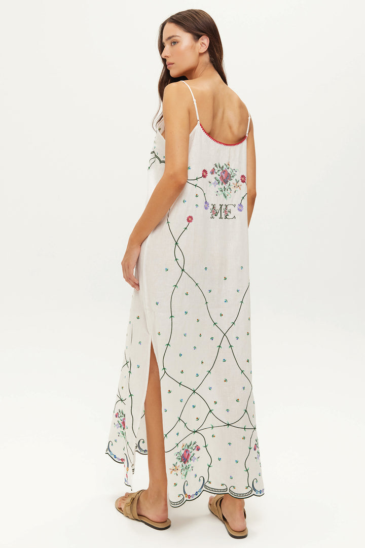 Me369 Lauren White Embroidered Linen Kisses Camisole Dress