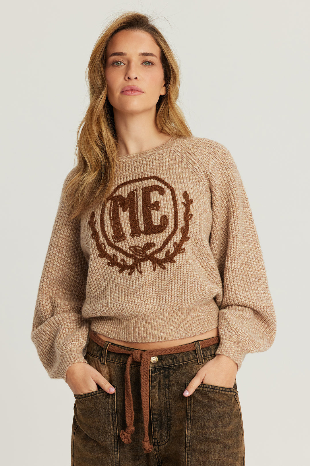 Me369 Milac brown cropped knit jumper at Olivia Grace Fashion