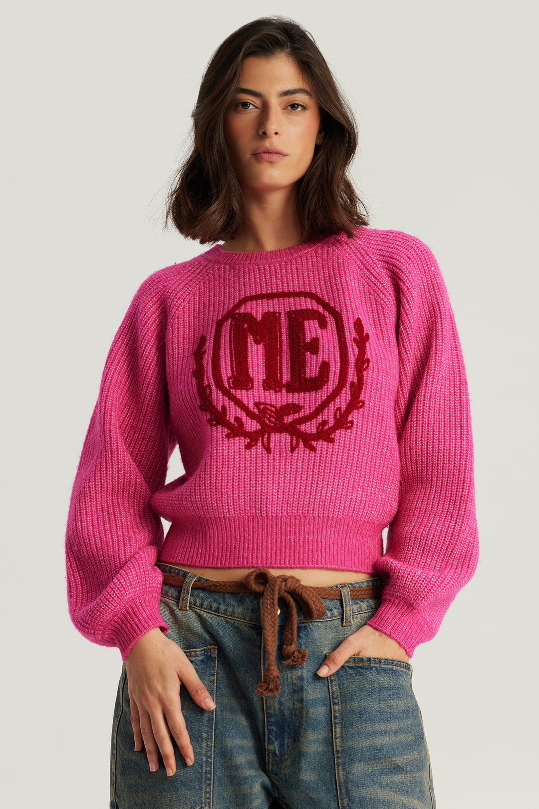 Me369 Milac fuchsia pink cropped knit jumper at Olivia Grace Fashion