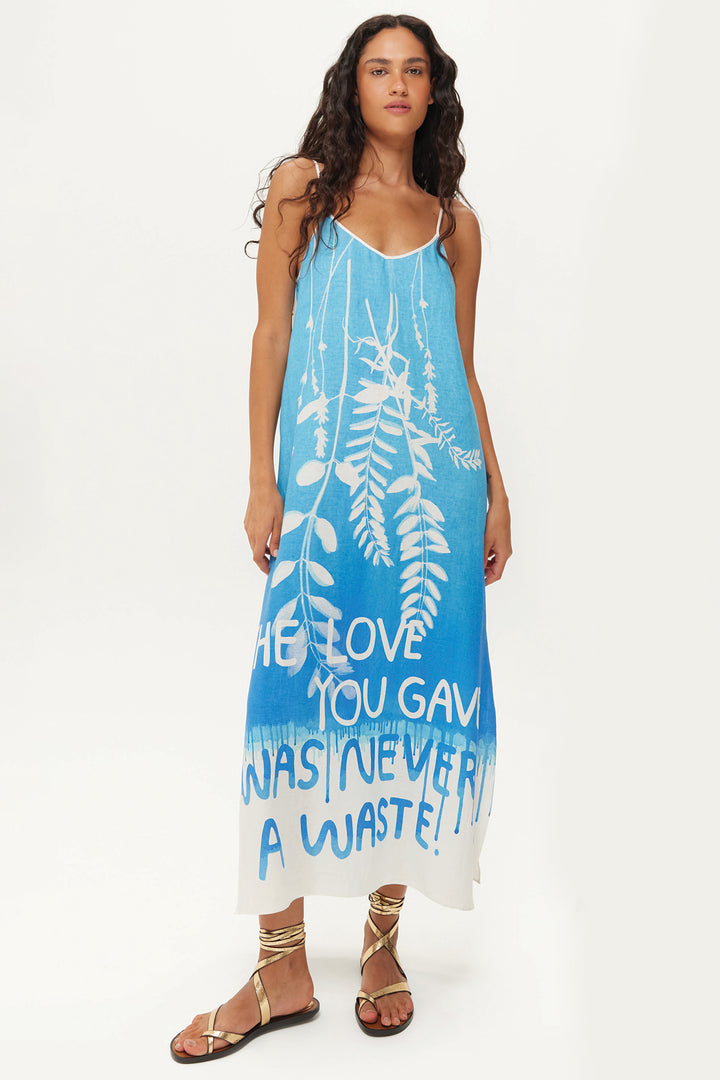 Me369 Olivia Blue Indogo Garden Linen Camisole Dress