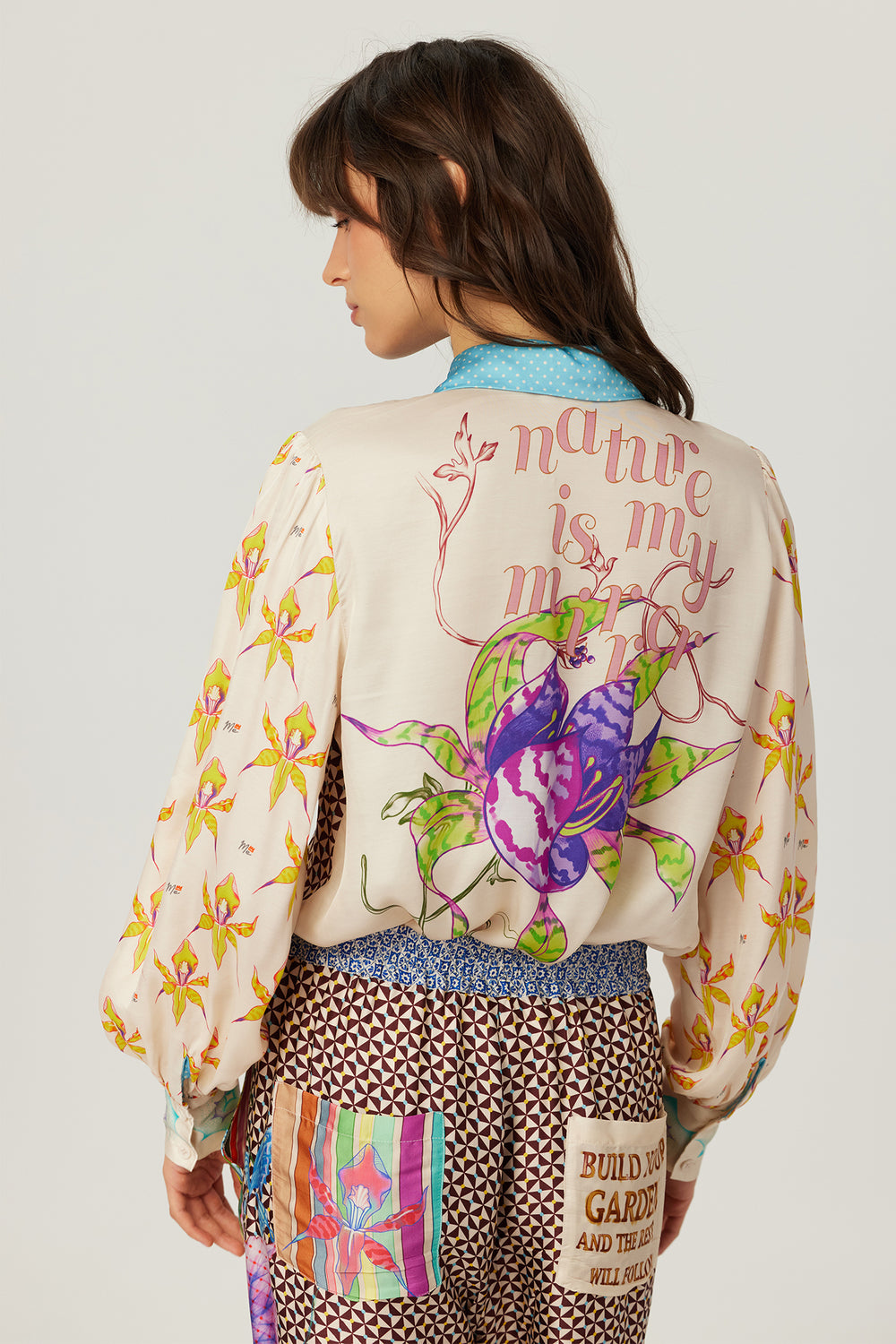 Me369 Sola Paradiso printed puff-sleeve blouse at Olivia Grace Fashion