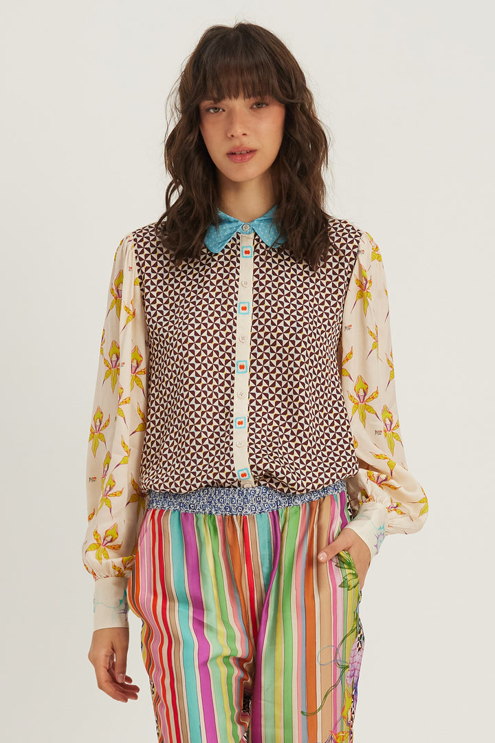 Me369 Sola Paradiso printed puff-sleeve blouse at Olivia Grace Fashion