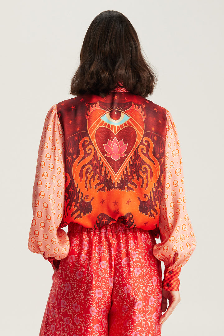 Me369 Sola Red Aura printed puff-sleeve blouse at Olivia Grace Fashion