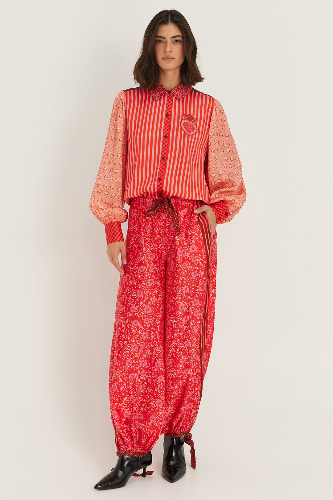 Me369 Sola Red Aura printed puff-sleeve blouse at Olivia Grace Fashion