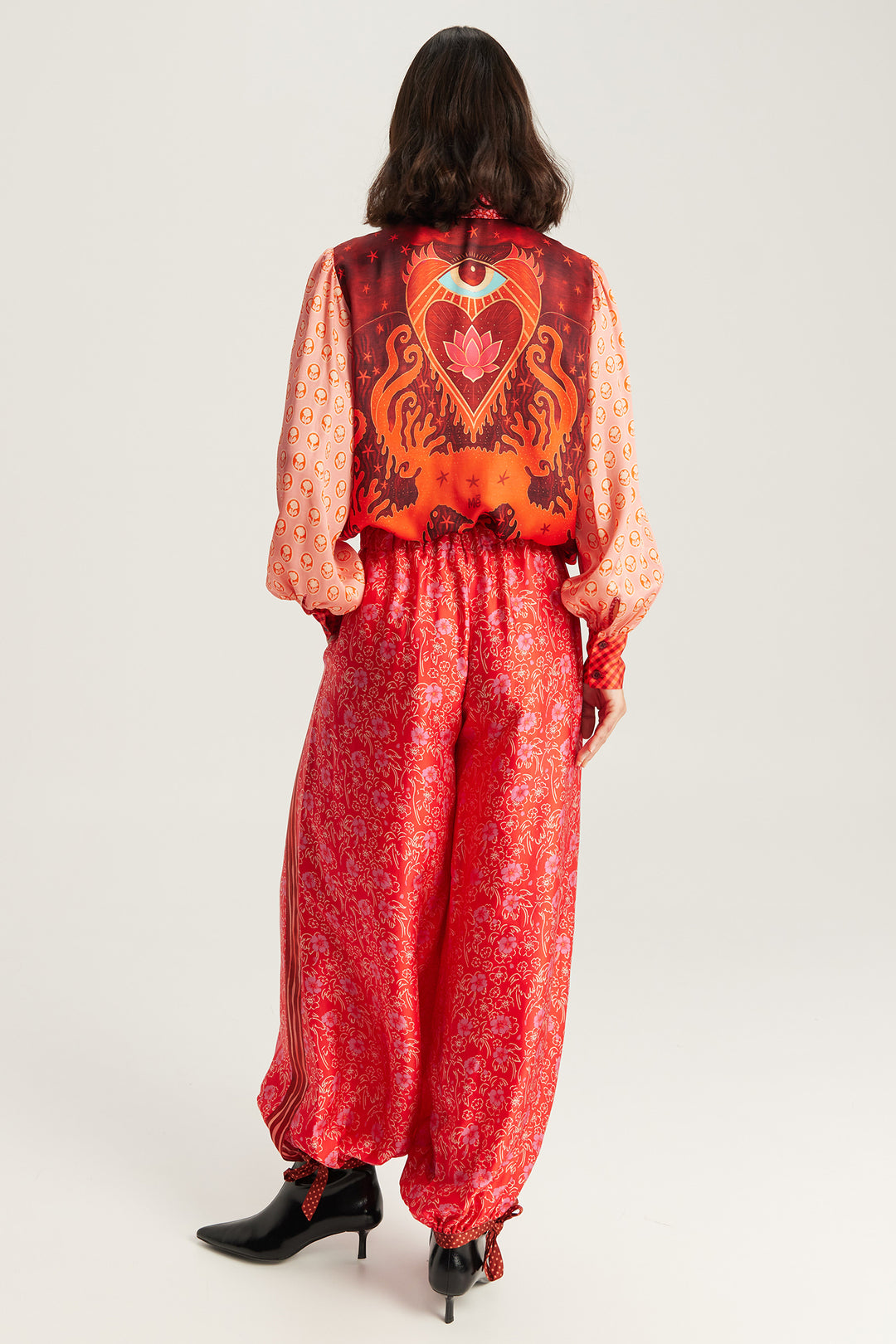 Me369 Sola Red Aura printed puff-sleeve blouse at Olivia Grace Fashion