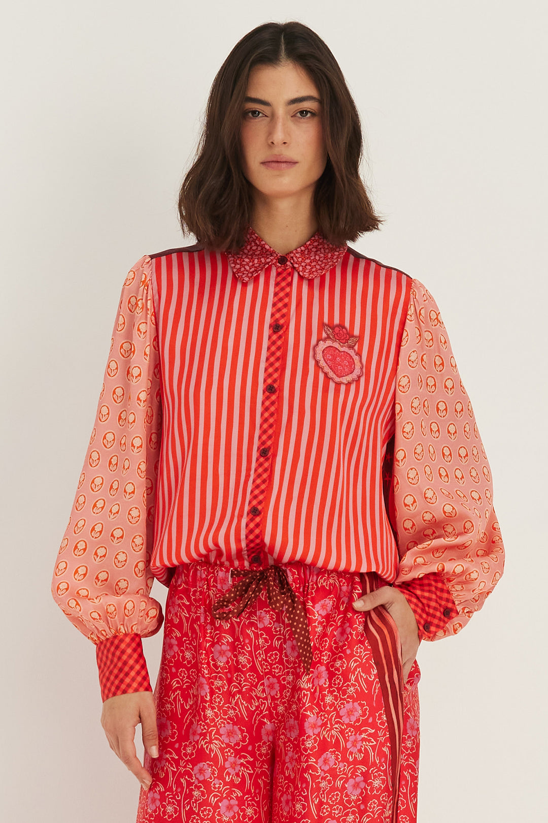 Me369 Sola Red Aura printed puff-sleeve blouse at Olivia Grace Fashion